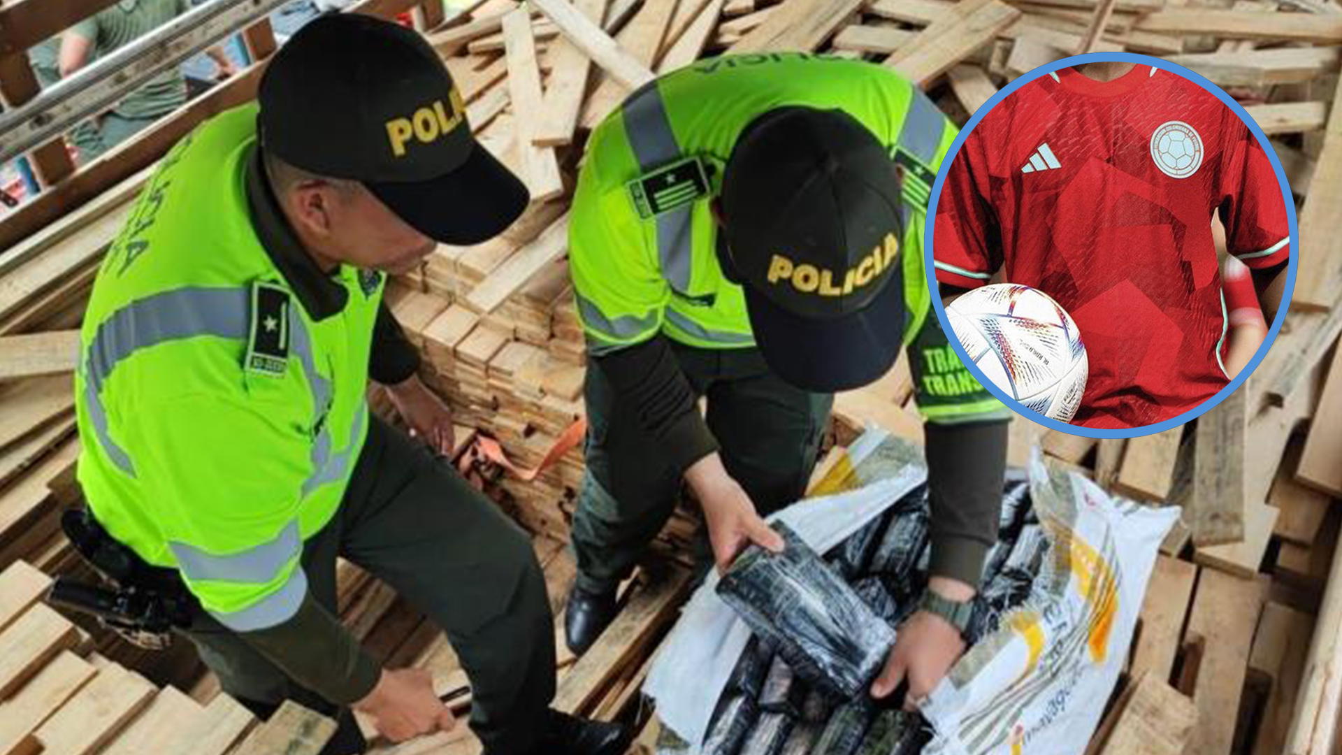 Aspecto de la droga incautada por las autoridades y de una camiseta de la selección Colombia