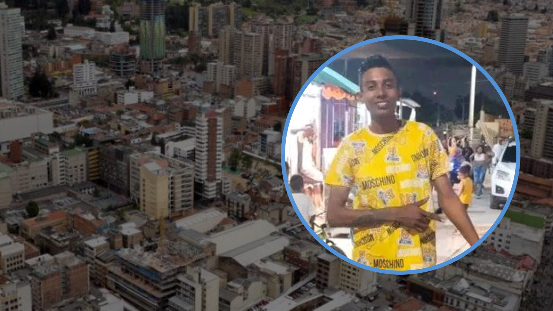 El joven asesinado y un skiline de la ciudad de Bogotá