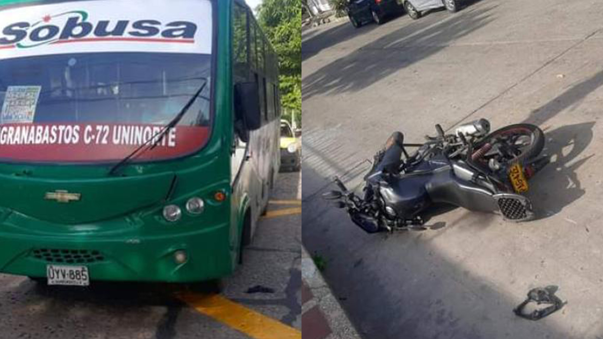 La moto y el bus involucrados en el siniestro