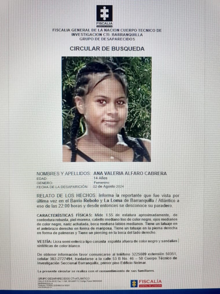 Circular de búsqueda de la menor, emitida al momento de su desaparición 