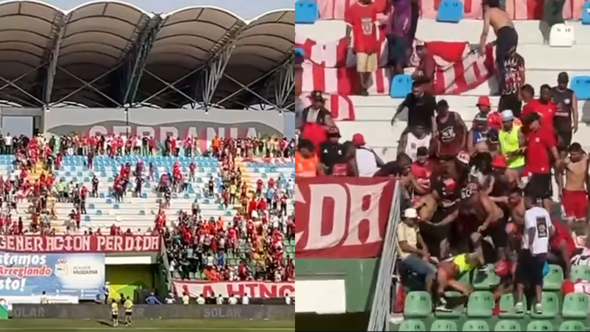 Imágenes de la pelea entre hinchas en la tribuna.