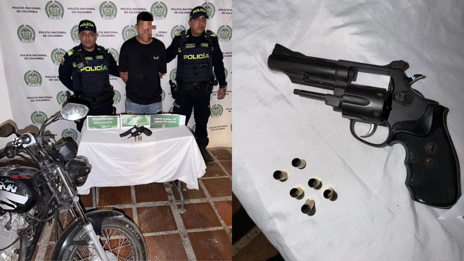 Fotografía de uno de los capturados junto con un arma incautada.