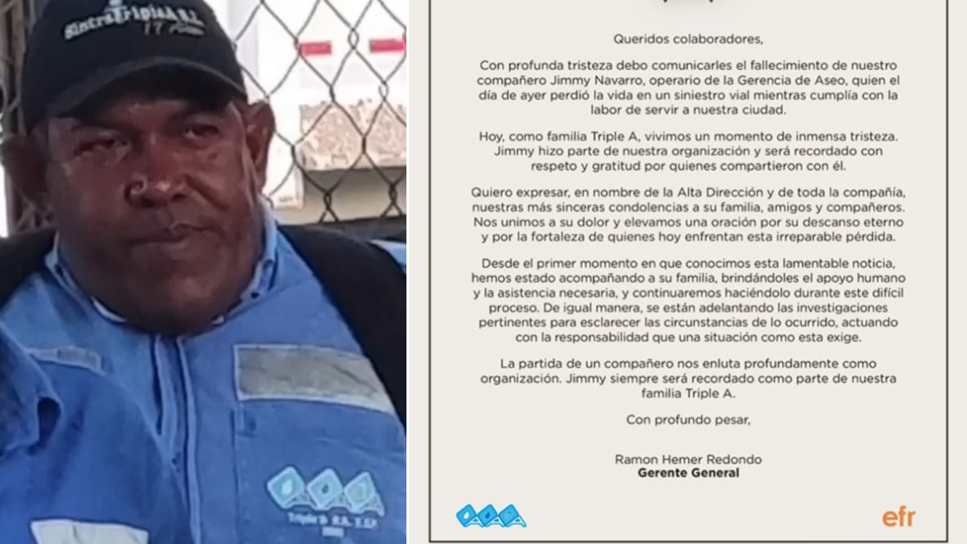 Jimmy Navarro Osorio, de 47 años, operario de la empresa Triple A, víctima mortal.