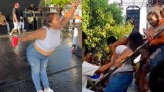 A la izquierda se observa a la mujer en tarima; a la derecha, cómo fue sacada de la tarima