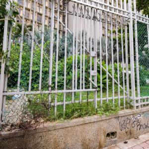Este es el panorama de la Catedral: Enrejado destruido, grafitis, alambres de púas y malos olores. 