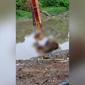 Momento en que una retroexcavadora extrae el cuerpo sin vida.