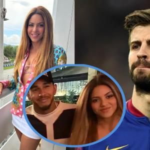 A la izquierda Shakira y a la derecha Gerard Piqué. En la foto, una imagen en la que se ve a la barranquillera junto al piloto británico Lewis Hamilton