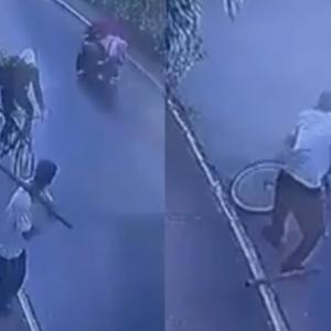 Momentos del impacto y de la posterior huida del sujeto encargado de propinar el golpe al dueño de la biciclet