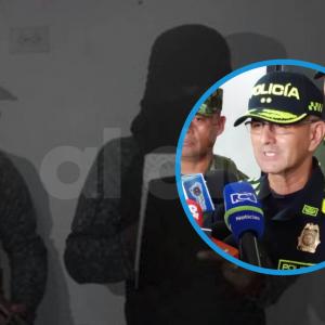 El coronel Jorge Urquijo en rueda de prensa y en el fondo la imagen de tres de los hombres que aparecieron en el video