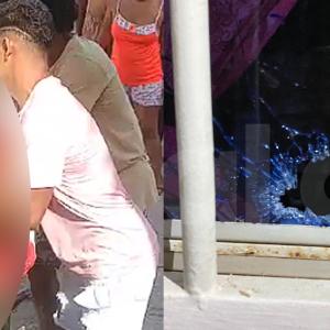 El joven en el momento que fue herido a bala y la ventana por donde ingresó el disparo que acabó con la vida de la pequeña