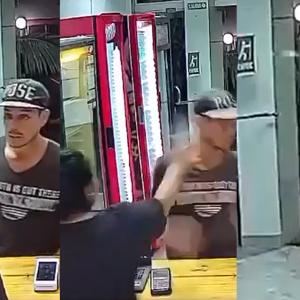 Momento en que la mujer busca y encuentra el gas pimienta; cuando lo acciona y la huida del ladrón