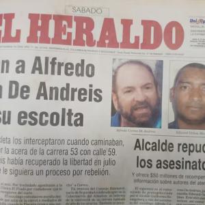 Portada de EL HERALDO con la información del asesinato del profesor y su escolta Edelberto Ochoa.