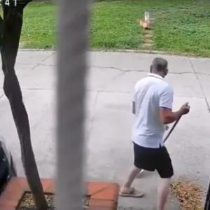 Hombre que barría y casi sufre accidente.