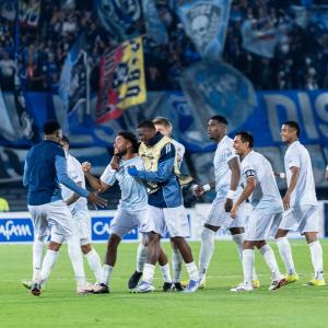 Celebración de los jugadores de Millonarios por su triunfo por 5-1 ante Deportivo Pereira.