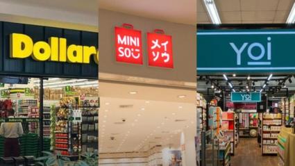 Fachadas de tiendas de DollarCity, Miniso y Yoi. 