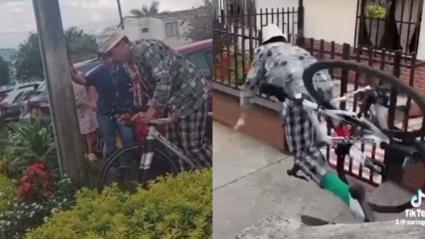 A la derecha se ve a Suso maniobrando con la bicicleta. A la izquierda, el momento de la caída