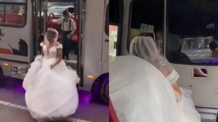 Novia llegando en un bus a su boda.