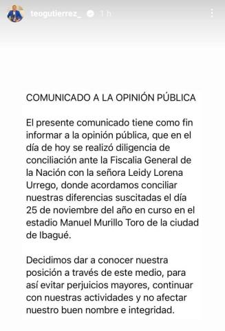 Pronunciamiento de Teófilo Gutiérrez a propósito de la conciliación