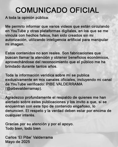 Comunicado de 'El Pibe' Valderrama.
