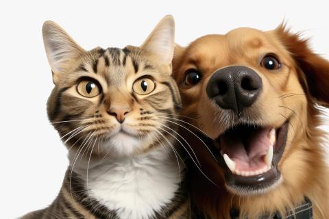 Un gato y un perro, mascotas comunes en los hogares.